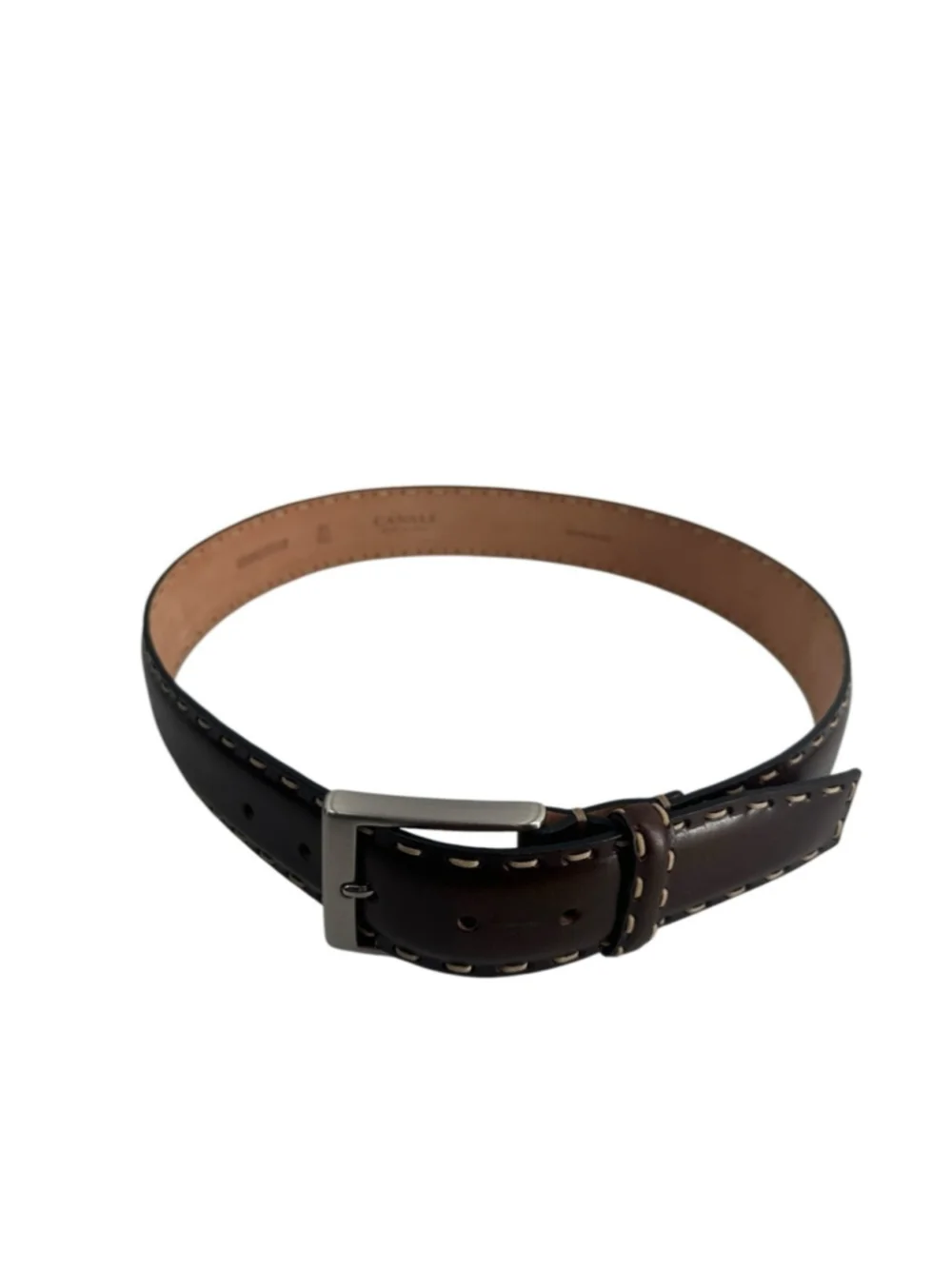 Canali Brown Leather Belt Contrast Stitch Handmade solid brass designer 85/100